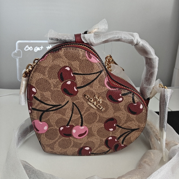 Coach Heart Crossbody Bag In Signature Canvas With Cherry Print - Picture 1 of 6
